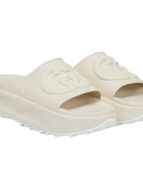 Gucci Cream Platform Slide Sandals with Embossed Logo